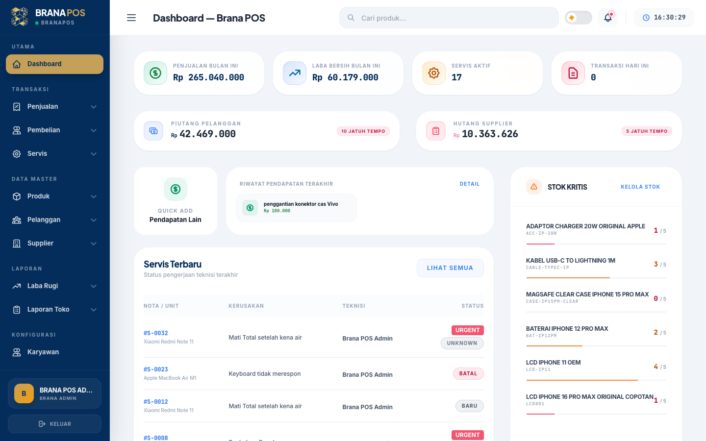 Dashboard Brana POS — tampilan utama manajemen toko HP & Bengkel