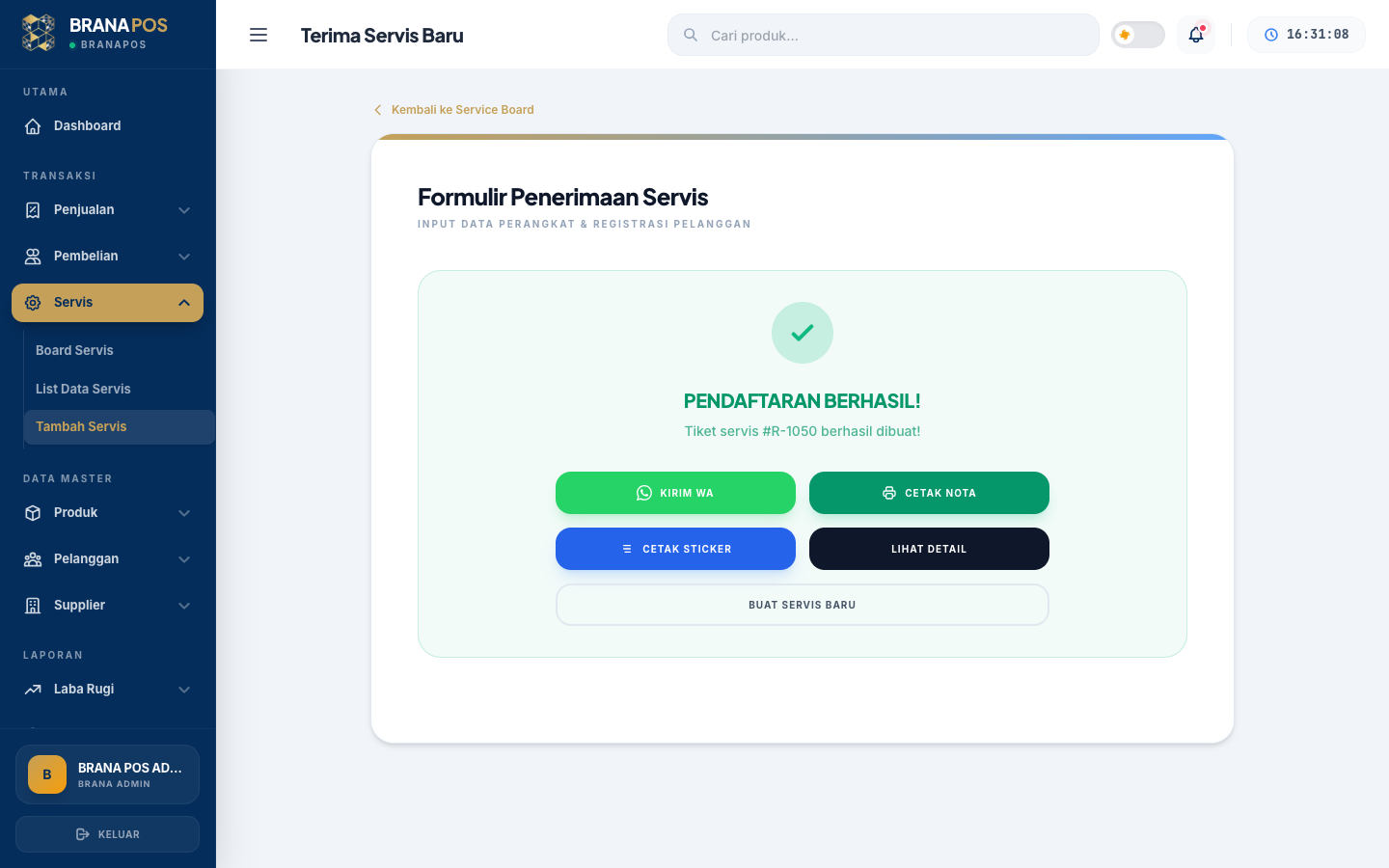 Notifikasi WhatsApp otomatis dari Brana POS