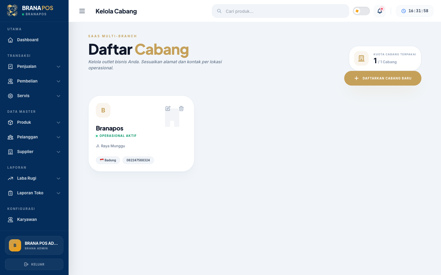 Dashboard multi-cabang Brana POS